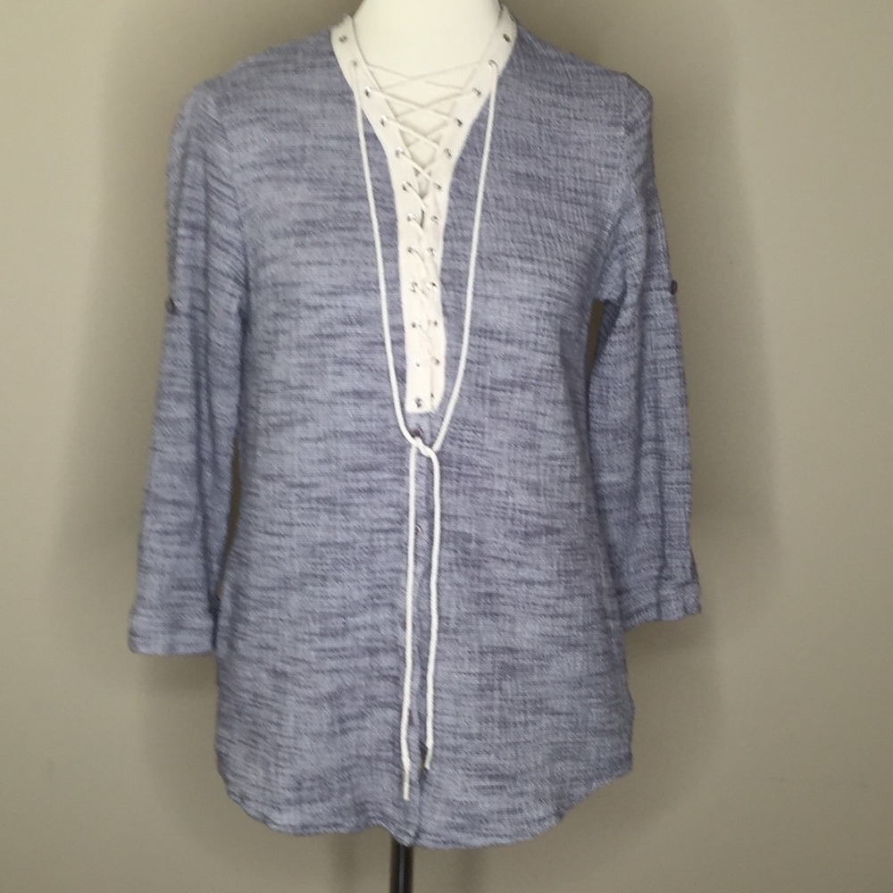 Sol RHR Crinkle 100% Cotton Gray Lace Up Popover Top Lagenlook Sz L.